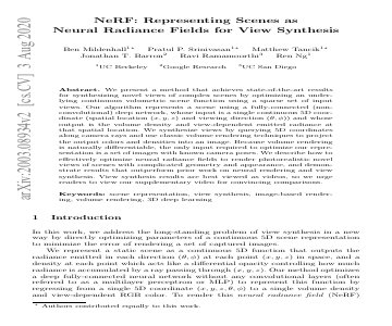 Paper thumbnail for NeRF: Representing Scenes as Neural Radiance Fields for View Synthesis