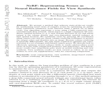 Paper thumbnail for NeRF: Representing Scenes as Neural Radiance Fields for View Synthesis
