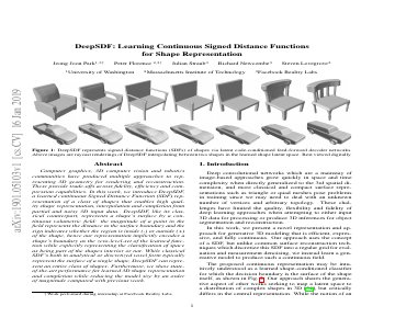 Paper thumbnail for DeepSDF: Learning Continuous Signed Distance Functions for Shape Representation